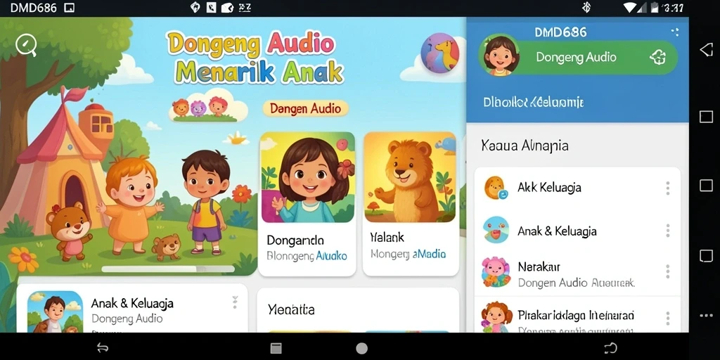 Tampilan utama DMD686 menampilkan pilihan dongeng audio yang menarik.