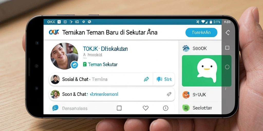 Tampilan antarmuka aplikasi OKJK untuk Teman Sekitar yang menarik.
