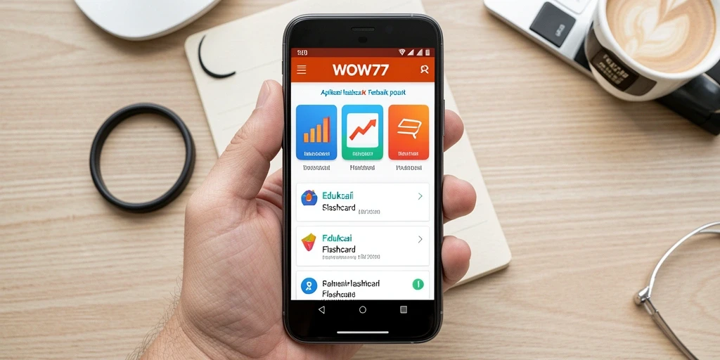 Tampilan menarik antarmuka aplikasi WOW77 untuk flashcard.